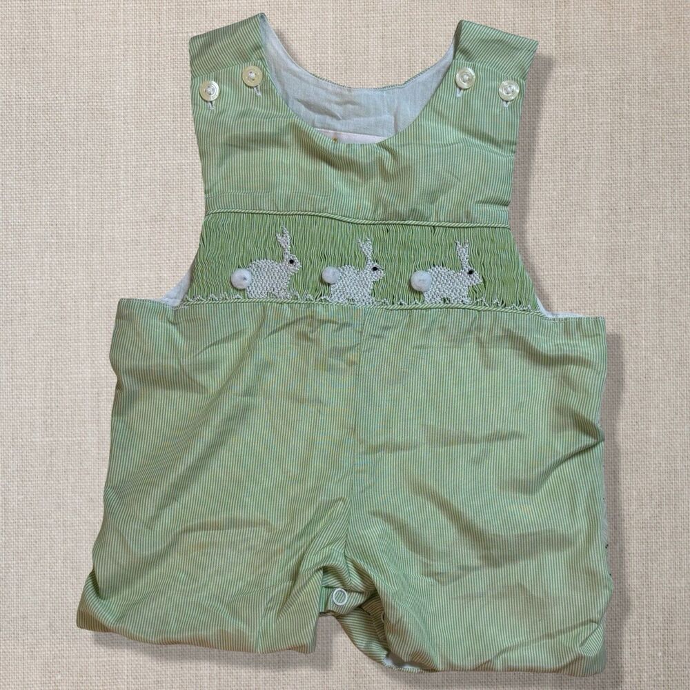 BabeeNi Smocked Bunny Jon Jon Romper Easter Green Stripe 6M